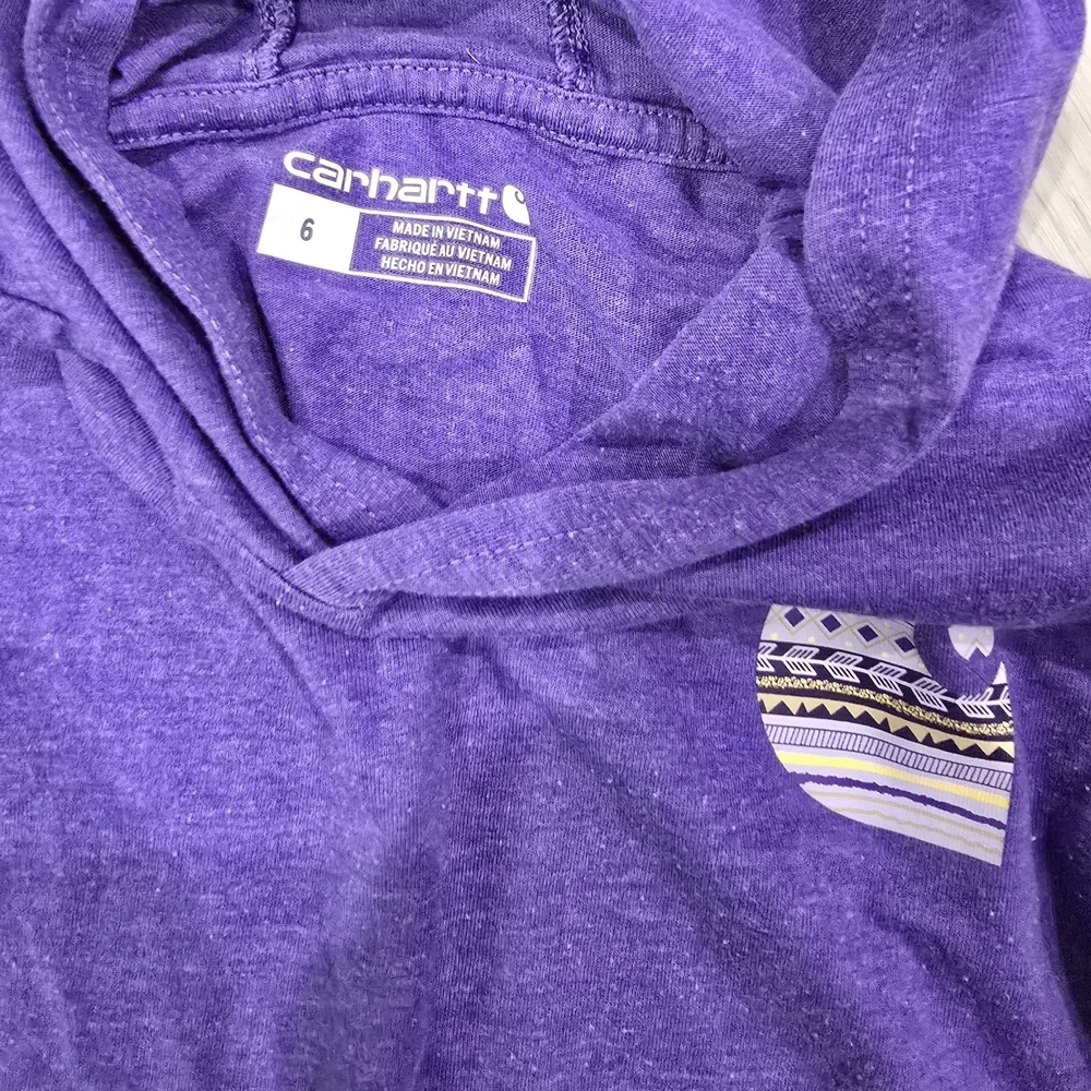 Carhartt Girls' Long-Sleeve Hooded Pattern Logo Tee Purple Size 6 - Picture 2 of 3